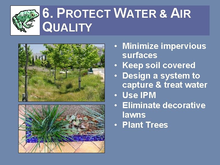 6. PROTECT WATER & AIR QUALITY • Minimize impervious surfaces • Keep soil covered