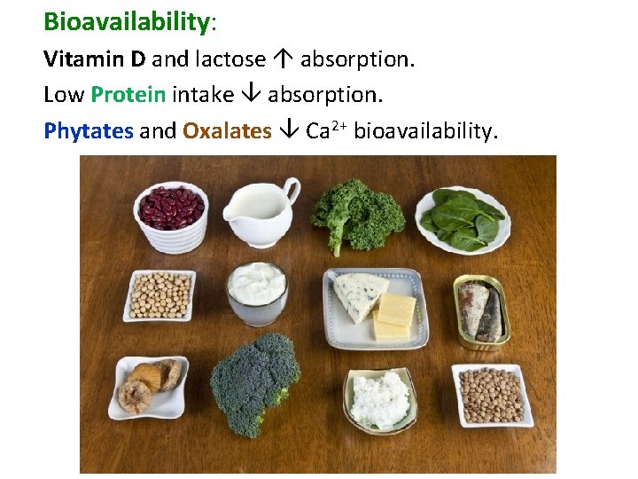 Bioavailability: Vitamin D and lactose absorption. Low Protein intake absorption. Phytates and Oxalates Ca