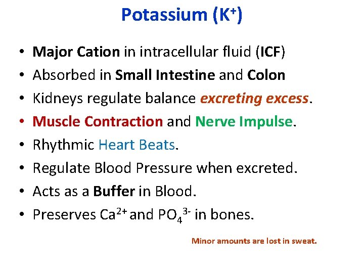 Potassium (K+) • • Major Cation in intracellular fluid (ICF) Absorbed in Small Intestine