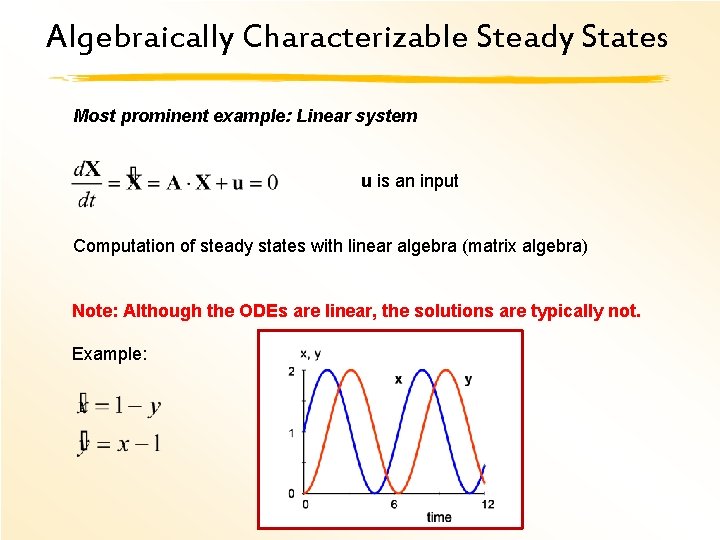 Algebraically Characterizable Steady States Most prominent example: Linear system u is an input Computation