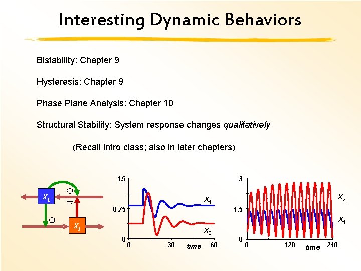 Interesting Dynamic Behaviors Bistability: Chapter 9 Hysteresis: Chapter 9 Phase Plane Analysis: Chapter 10