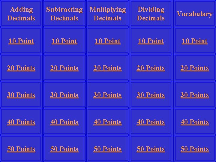 Adding Decimals Subtracting Multiplying Decimals Dividing Decimals Vocabulary 10 Point 10 Point 20 Points