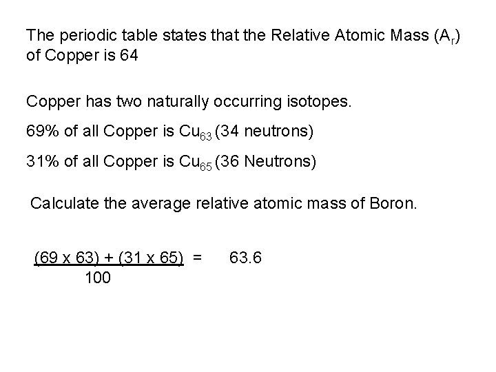 The periodic table states that the Relative Atomic Mass (Ar) of Copper is 64