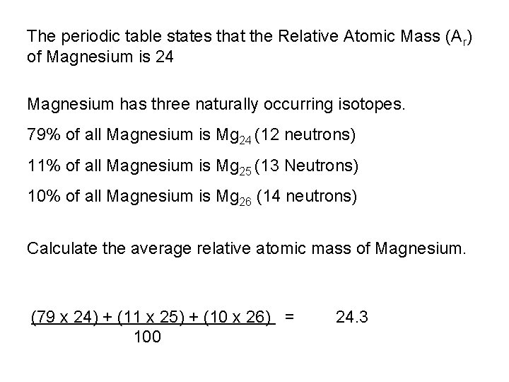 The periodic table states that the Relative Atomic Mass (Ar) of Magnesium is 24