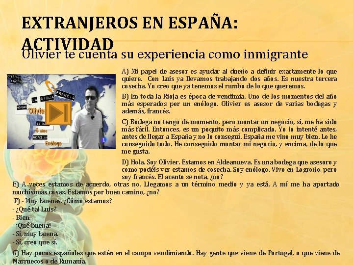 EXTRANJEROS EN ESPAÑA: ACTIVIDAD Olivier te cuenta su experiencia como inmigrante A) Mi papel