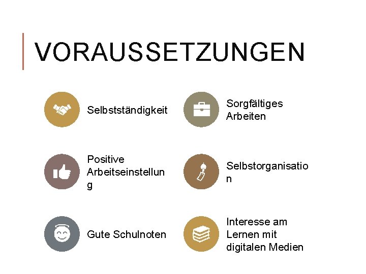 VORAUSSETZUNGEN Selbstständigkeit Sorgfältiges Arbeiten Positive Arbeitseinstellun g Selbstorganisatio n Gute Schulnoten Interesse am Lernen