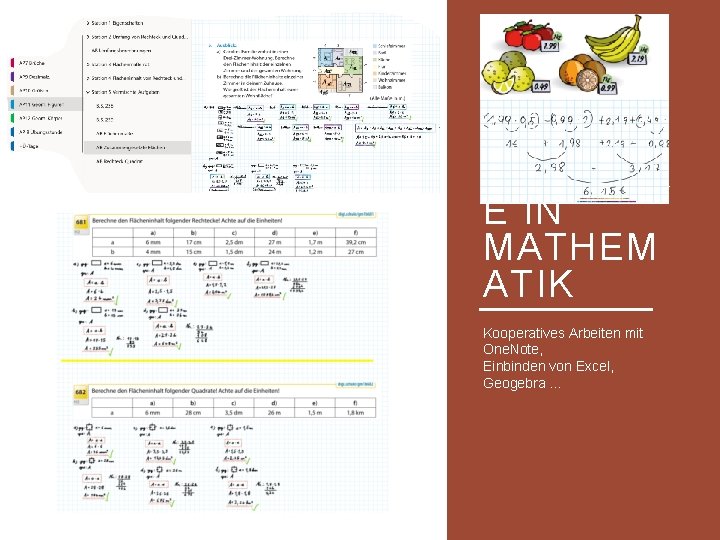 EINBLICK E IN MATHEM ATIK Kooperatives Arbeiten mit One. Note, Einbinden von Excel, Geogebra