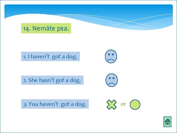 14. Nemáte psa. 1. I haven´t got a dog. 2. She hasn´t got a