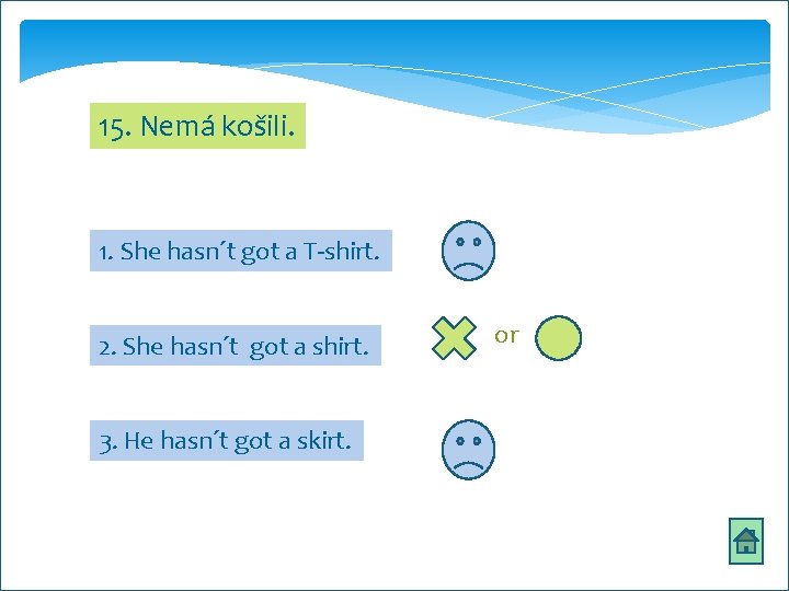 15. Nemá košili. 1. She hasn´t got a T-shirt. 2. She hasn´t got a