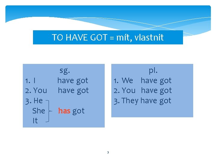 TO HAVE GOT = mít, vlastnit 1. I 2. You 3. He She It