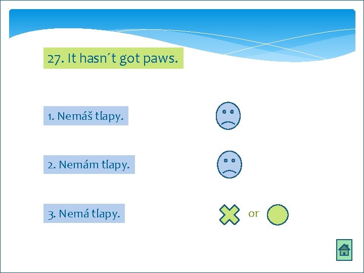 27. It hasn´t got paws. 1. Nemáš tlapy. 2. Nemám tlapy. 3. Nemá tlapy.