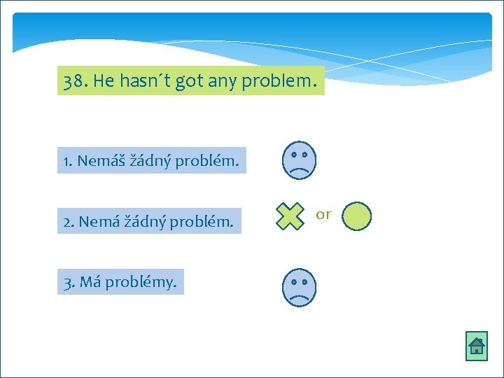 38. He hasn´t got any problem. 1. Nemáš žádný problém. 2. Nemá žádný problém.