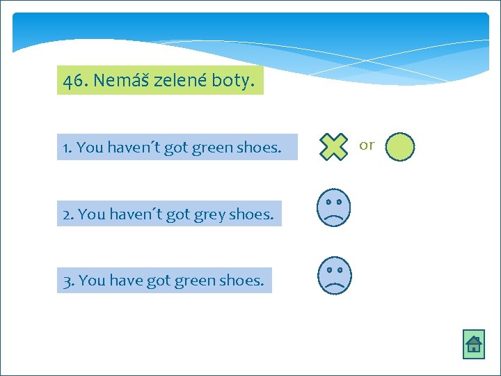 46. Nemáš zelené boty. 1. You haven´t got green shoes. 2. You haven´t got