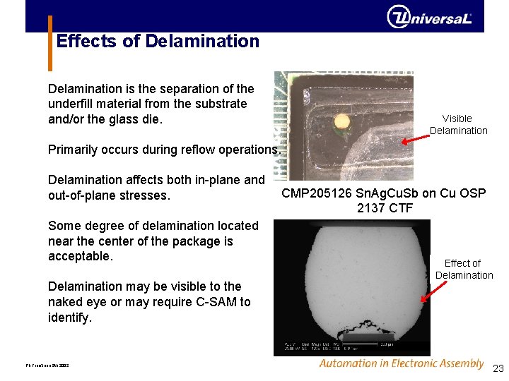 Effects of Delamination is the separation of the underfill material from the substrate and/or Effects of Delamination is the separation of the underfill material from the substrate and/or