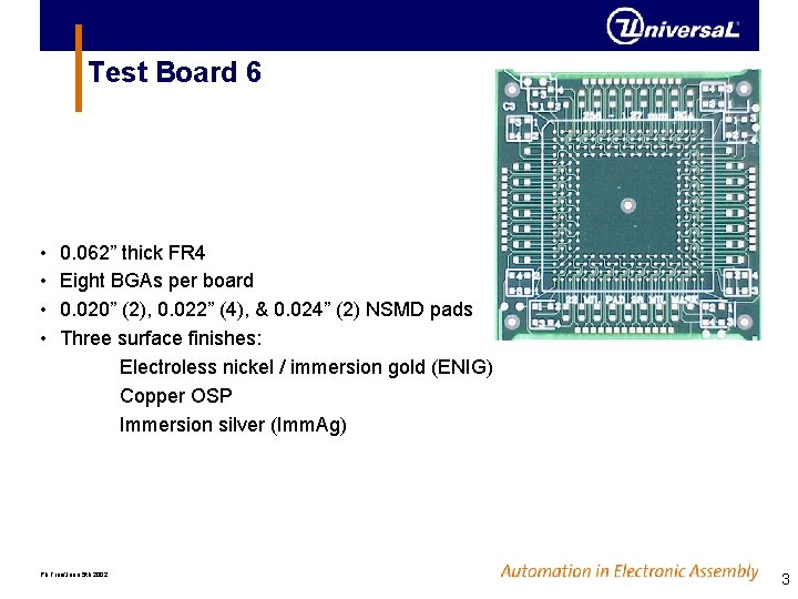 Test Board 6 • 0. 062” thick FR 4 • Eight BGAs per board Test Board 6 • 0. 062” thick FR 4 • Eight BGAs per board