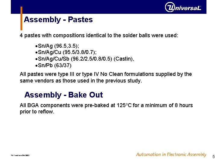 Assembly - Pastes 4 pastes with compositions identical to the solder balls were used: Assembly - Pastes 4 pastes with compositions identical to the solder balls were used: