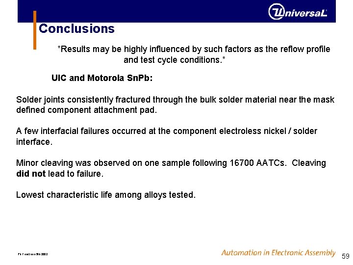 Conclusions *Results may be highly influenced by such factors as the reflow profile and Conclusions *Results may be highly influenced by such factors as the reflow profile and