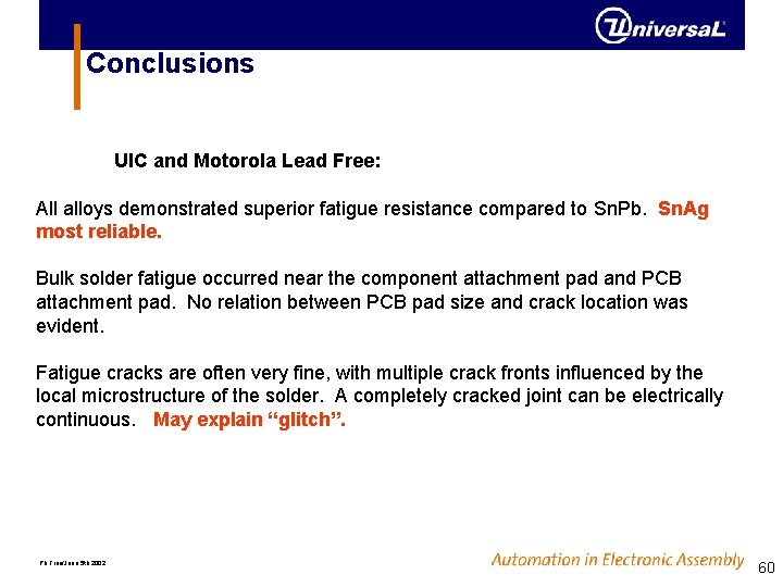 Conclusions UIC and Motorola Lead Free: All alloys demonstrated superior fatigue resistance compared to Conclusions UIC and Motorola Lead Free: All alloys demonstrated superior fatigue resistance compared to