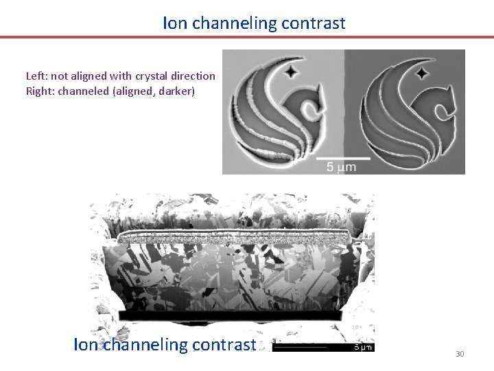 Ion channeling contrast Left: not aligned with crystal direction Right: channeled (aligned, darker) Ion