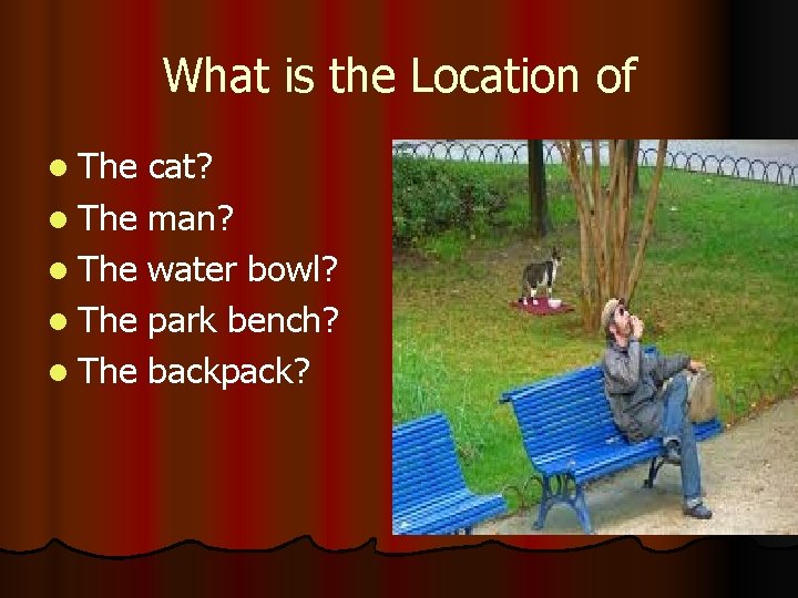 What is the Location of l The cat? l The man? l The water