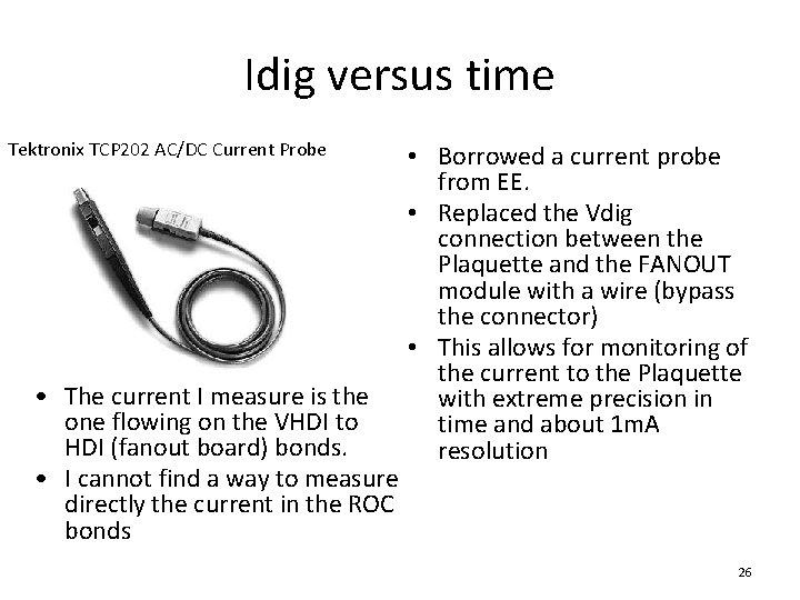 Idig versus time Tektronix TCP 202 AC/DC Current Probe • The current I measure