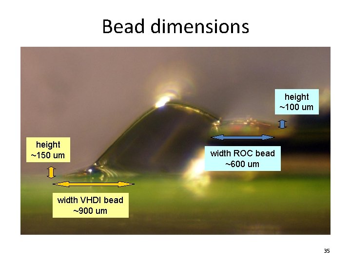 Bead dimensions height ~100 um height ~150 um width ROC bead ~600 um width