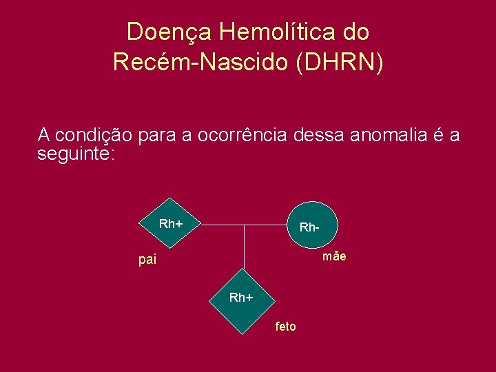 Doença Hemolítica do Recém-Nascido (DHRN) A condição para a ocorrência dessa anomalia é a