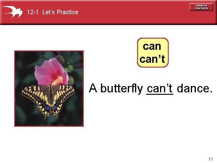 12 -1 Let’s Practice can’t A butterfly ____ can’t dance. 11 
