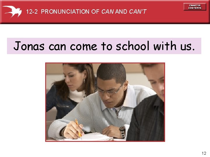 12 -2 PRONUNCIATION OF CAN AND CAN’T Jonas can come to school with us.