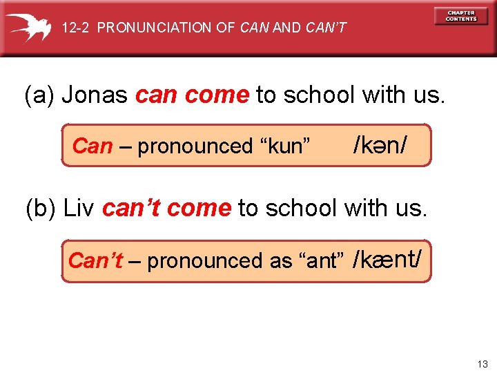 12 -2 PRONUNCIATION OF CAN AND CAN’T (a) Jonas can come to school with