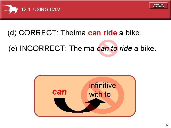 12 -1 USING CAN (d) CORRECT: Thelma can ride a bike. (e) INCORRECT: Thelma