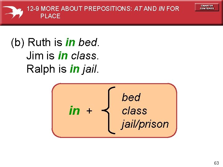 12 -9 MORE ABOUT PREPOSITIONS: AT AND IN FOR PLACE (b) Ruth is in