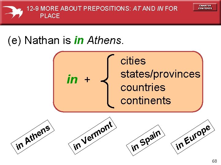 12 -9 MORE ABOUT PREPOSITIONS: AT AND IN FOR PLACE (e) Nathan is in