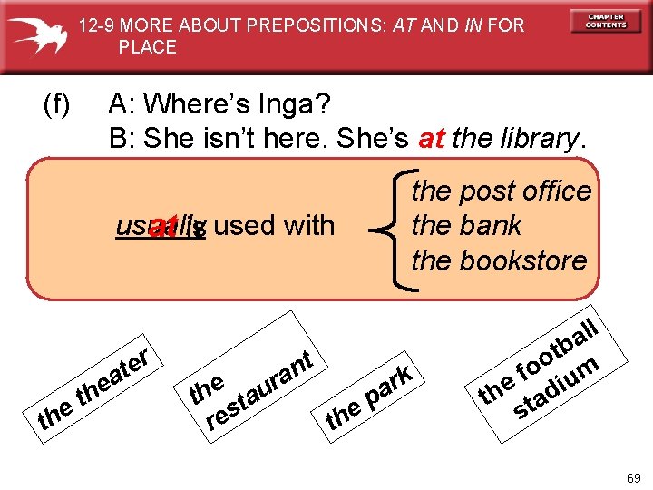 12 -9 MORE ABOUT PREPOSITIONS: AT AND IN FOR PLACE (f) A: Where’s Inga?