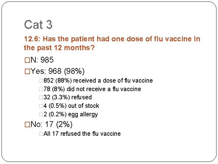 Cat 3 12. 6: Has the patient had one dose of flu vaccine in