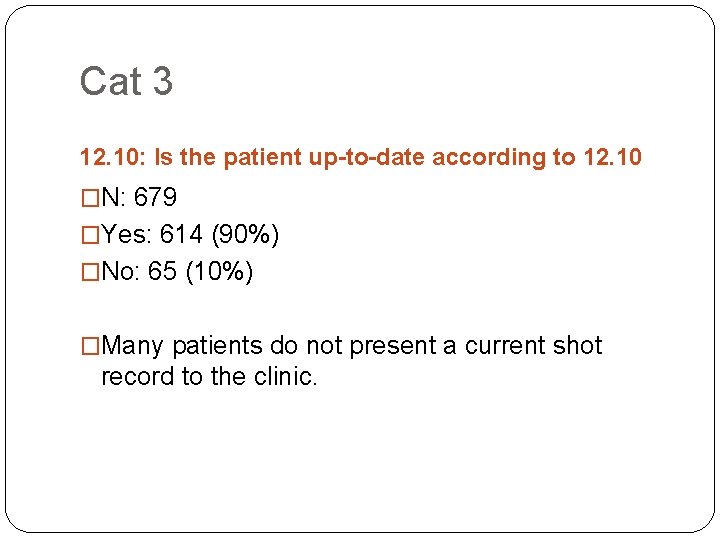 Cat 3 12. 10: Is the patient up-to-date according to 12. 10 �N: 679