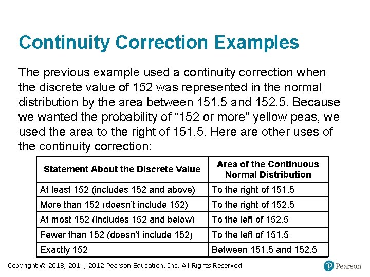 Continuity Correction Examples The previous example used a continuity correction when the discrete value