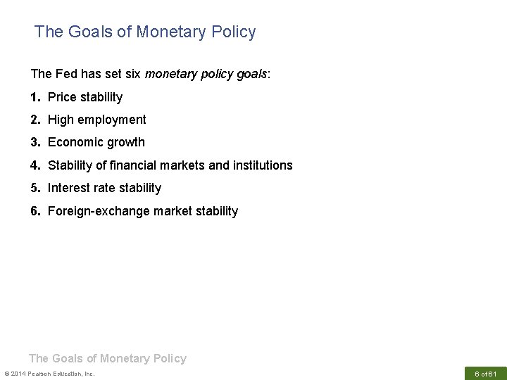 The Goals of Monetary Policy The Fed has set six monetary policy goals: 1.