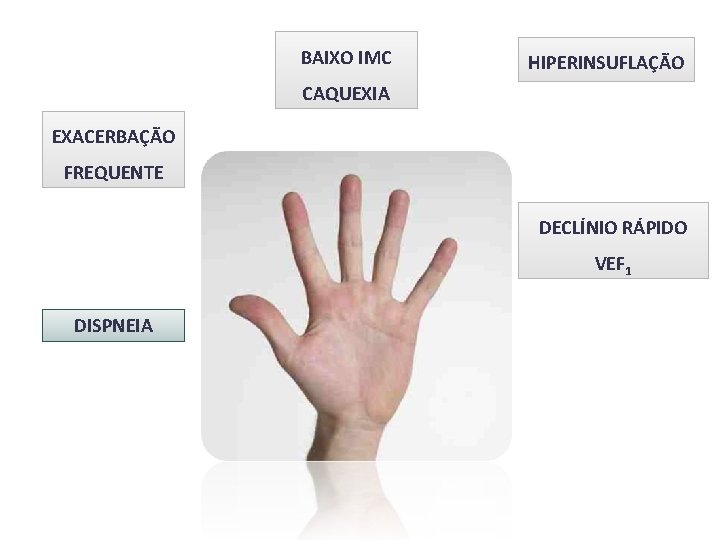 BAIXO IMC HIPERINSUFLAÇÃO CAQUEXIA EXACERBAÇÃO FREQUENTE DECLÍNIO RÁPIDO VEF 1 DISPNEIA 
