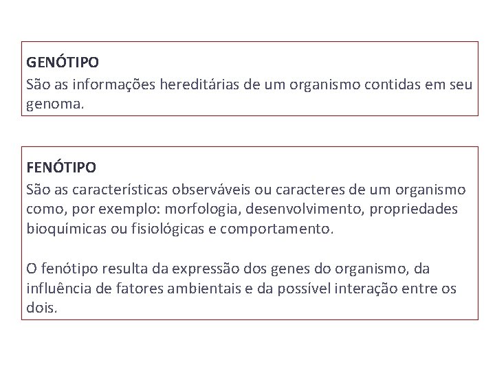 GENÓTIPO São as informações hereditárias de um organismo contidas em seu genoma. FENÓTIPO São