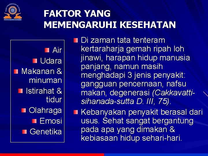 FAKTOR YANG MEMENGARUHI KESEHATAN Air Udara Makanan & minuman Istirahat & tidur Olahraga Emosi