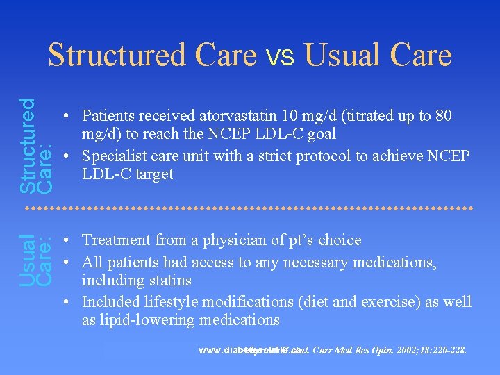Structured Care: • Patients received atorvastatin 10 mg/d (titrated up to 80 mg/d) to