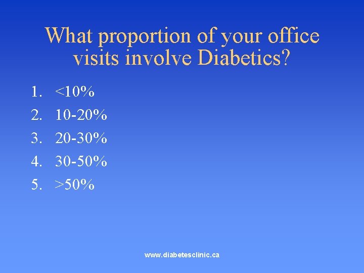 What proportion of your office visits involve Diabetics? 1. 2. 3. 4. 5. <10%