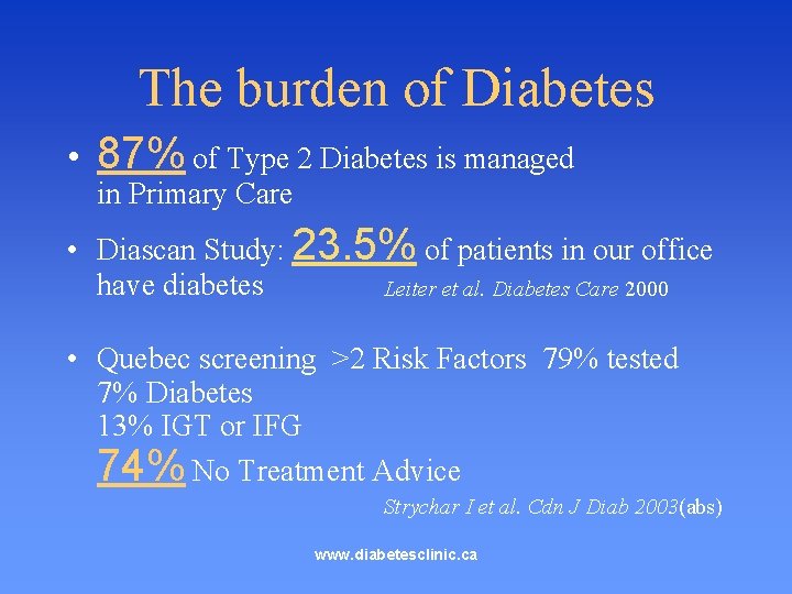 The burden of Diabetes • 87% of Type 2 Diabetes is managed in Primary