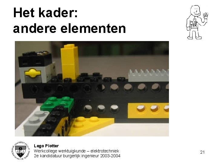 Het kader: andere elementen Lego Plotter Werkcollege werktuigkunde – elektrotechniek 2 e kandidatuur burgerlijk