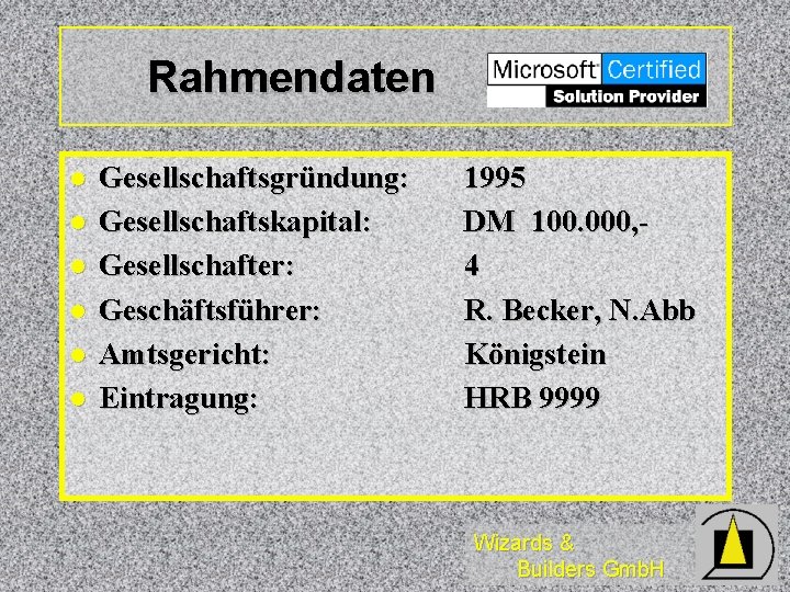 Rahmendaten l l l Gesellschaftsgründung: Gesellschaftskapital: Gesellschafter: Geschäftsführer: Amtsgericht: Eintragung: 1995 DM 100. 000,