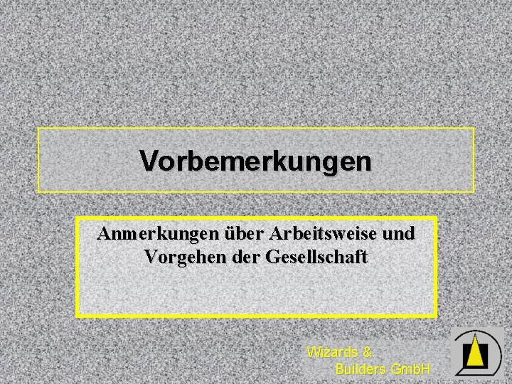 Vorbemerkungen Anmerkungen über Arbeitsweise und Vorgehen der Gesellschaft Wizards & Builders Gmb. H 