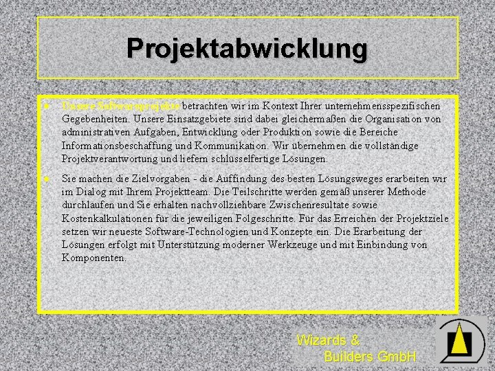 Projektabwicklung l Unsere Softwareprojekte betrachten wir im Kontext Ihrer unternehmensspezifischen Gegebenheiten. Unsere Einsatzgebiete sind