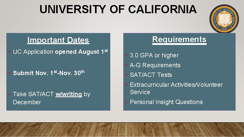 UNIVERSITY OF CALIFORNIA Important Dates • UC Application opened August 1 st Requirements •