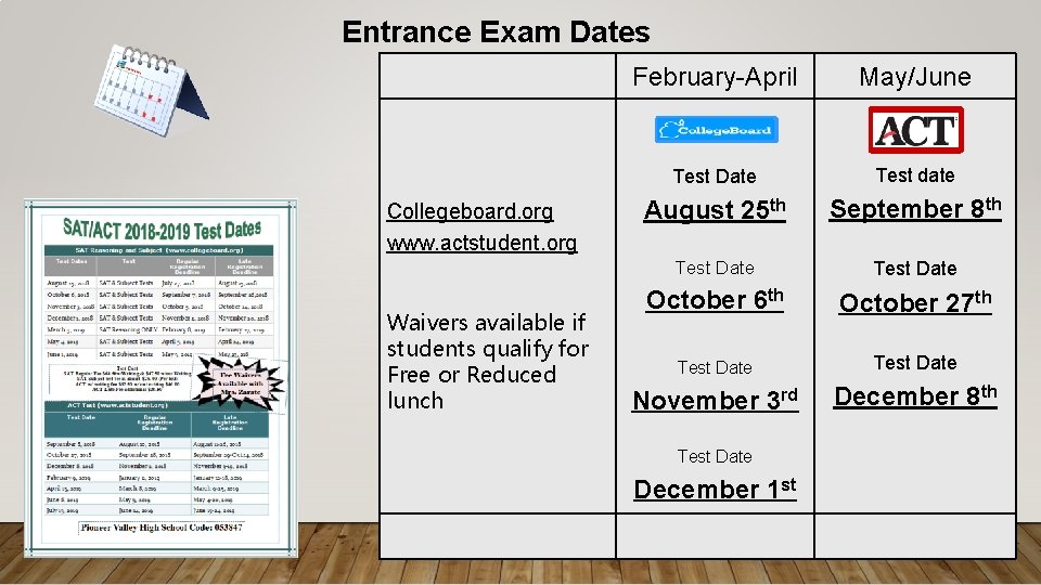 Entrance Exam Dates Collegeboard. org www. actstudent. org Waivers available if students qualify for
